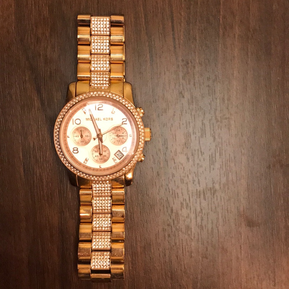 Michael Kors Rose Gold Watch With Jeweled Bracelet